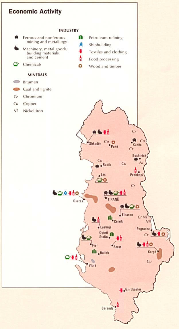 albania economic activity map 1990